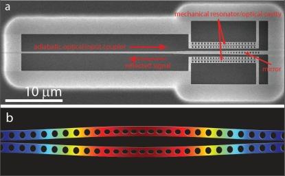 Scanning electron microscope image of the silicon micromechanical resonator (a) used to generate squeezed light. Light enters (left) and reflects off a back mirror (right) where it interacts with a micromechanical resonator, which cancels fluctuations. A numerical model shows the differential in-plane motion of the nanobeams (b). (Source: Caltech / Amir Safavi-Naeini, Simon Groblacher, and Jeff Hill)
