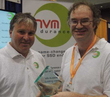 Joe Sullivan (left) and Conor Ryan take a break from an onslaught of questions from curious engineers to show their award from event organizers. (Click here for a larger version.)