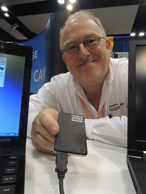 Patrick Warley, head of R&D for Integral Memory plc, shows the 512Gbyte USB 3.0 secure solid-state drive he helped design.