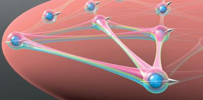 Strontium atomic clock atoms can act as a quantum simulation that links correlations among their atoms' spins (indicated by arrows), opening the doors to simulating other quantum states in magnetic materials.
(Source: NIST)