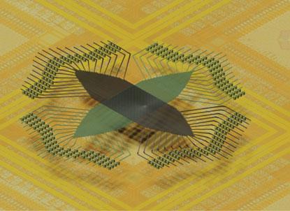 The layout of the memristor array (center) acting as the memory-synapses for the learning-neurons uses tungsten-oxide with vacancies that migrate when current flows thus changing a synapses strength.
(Source: University of Michigan)