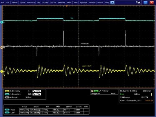 Step load of the reference from 167uA to 437uA. The yellow trace shows the reference output voltage with the highly recommended output capacitor. The white trace shows the voltage without the recommended capacitor. The blue trace is the load current.