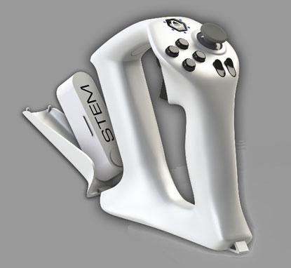 Sixense's new wireless controller houses the oblong Sixense Tracking Embedded Module (STEM, left), which OEMs can embed in their own specialized controllers, such as a head-mounted display, golf club, or tennis racket.
(Source: Sixense)