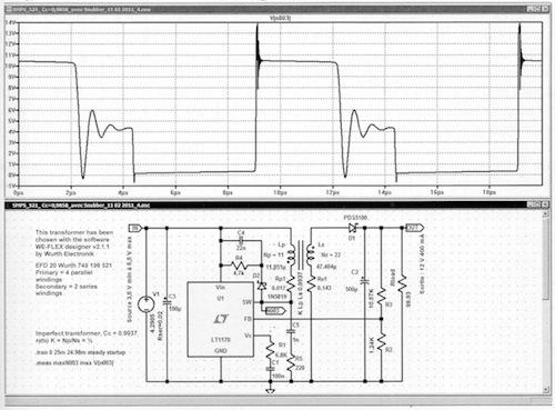 One of many examples from the applications section. Here, a DC-DC converter design from Linear Technology is simulated.
(Source: Wurth Electronik)