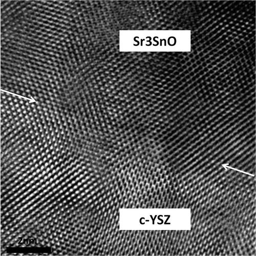 A cross-section image from high-resolution transmission electron microscope shows the interface of epitaxial strontium tin oxide (Sr3SnO) and cubic yttria-stabilized zirconia (c-YSZ) atop a silicon substrate.
(Source: North Carolina State University)