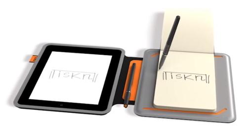 The iSketchnote iPad cover digitizes anything written on a plain piece of paper (right) and duplicates it on the iPad screen (left).
SOURCE: iSketchnote