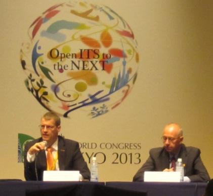 Continental's Christoph Hagedorn with a microphone (left) and Google's Ron Medford at ITS executive session entitled 'Autonomous Vehicles -- the Path to Implementation.'