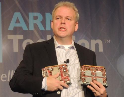 HP's Fink showed Moonshot server cartridges from Applied Micro and Calxeda (pictured here), as well as one from TI.