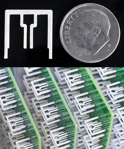 A single Aereo streaming antenna (top) and a farm of these antennas (bottom) give some indication of the hardware complexityof this streaming TV service.
