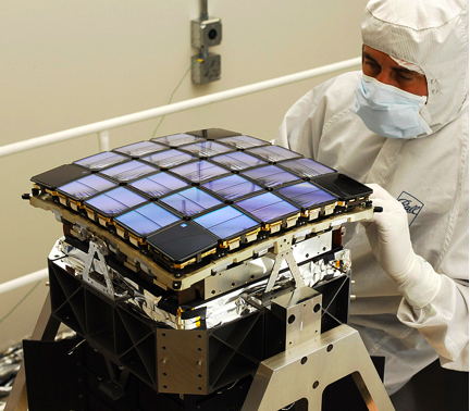 Kepler focal plane array of CCD wafers, equivalent to a 95 Megapixel camera. View larger image. (Photo courtesy of NASA)