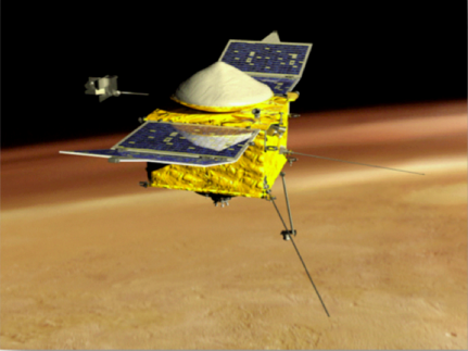 Artist concept of MAVEN spacecraft in orbit over Mars, using its aerodynamic shape to stabilize it on its deep dips. (Source: LASP, University of Colorado, Boulder)