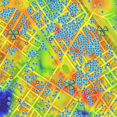 A geographic map of a wireless coverage area shows the locations of base stations and cell towers. The colors indicate throughput rates, with red indicating high throughput with blue representing low rates.