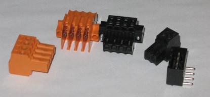 Figure 7. The 3.5mm connectors are not all that different to the 5.08mm versions seen in Figure 6. The second orange connector from the left uses insulation displacement connections. Observe the mounting screws in some of them for when the assembly might involuntarily separate. (Click here to see a larger image.)