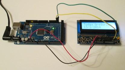 Arduino Mega with LCD Shield connected by flying wires (click here for a larger image).