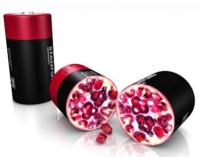 A pomegranate-inspired battery electrode design for silicon-based lithium-ion batteries uses silicon nanoparticles clustered like pomegranate seeds in a tough carbon rind. (Illustration by Greg Stewart/SLAC)