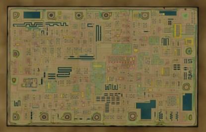 Figure 1. Die photo of a vintage 1980s integrated circuit with the metal layer removed (Click here to see a larger image.)