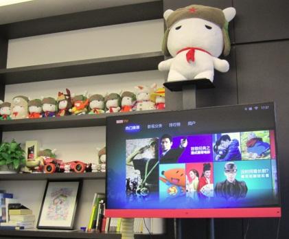 Inside Xiaomi co-founder/president Bin Lin's office -- complete with Xiaomi's own 47-inch TV, and a whole bunch of stuffed bunnies. Xiaomi's mascot is a bunny wearing an Ushanka with a red star and a red scarf around its neck. (Source: EE Times/Junko Yoshida)