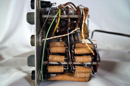 Looking up at the bottom of the unit. A bank of resistors in wax sleeves are visible on the mode dial.