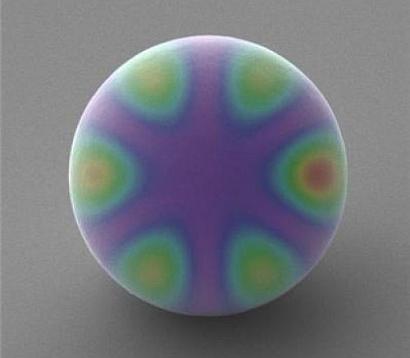 A scanning electron micrograph of a polysilicon microsphere cell depicted with the Mie modes of a classical spherical resonator overlaid. (Image courtesy of Asociacion RUVID)