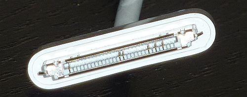 Figure 2. A close-up of a genuine Apple 30- pin connector shows the pins Apple uses for power and USB data.
