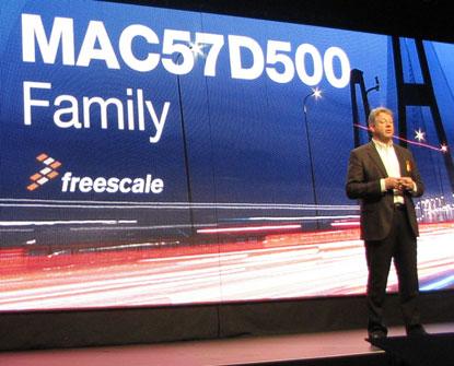 Bob Conrad, senior vice president and general manager, Freescale's Automotive MCU group, introduces MAC575Dxx family at Freescale Technology Forum, on April 9, 2014. (Source: EE Times/Susan Rambo)