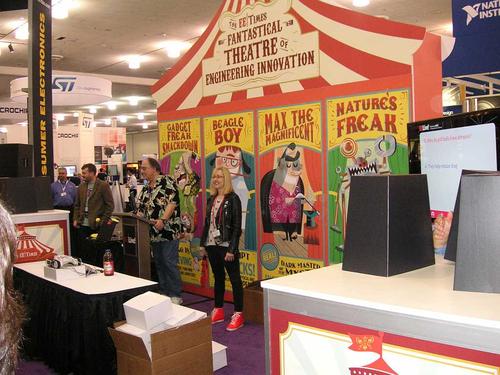 As you entered the show floor, there was this great theater (or, should I say, theatre) set up. Here we see show runner Karen Field (right) and EE Times editor Max Maxfield (center) doing a fun giveaway.