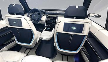 Each seat back holds a gesture-controlled high-res touchscreen, tablet-docking ports, a fold-down tray table, and a coat hanger.