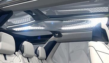 Smart glass in the skylight and windows works like a monitor, offering a heads-up display of driving, navigation, and parking aids for driver and passengers or tracking eye movements to display tourist information to fill passengers in on what they see.