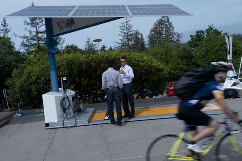 Solar charging station displayed at the Silicon Valley Driving Charged and Connected Symposium, April 23, 2014, in Palo Alto, Calif. (Source: EE Times/Magnus Thordarson)