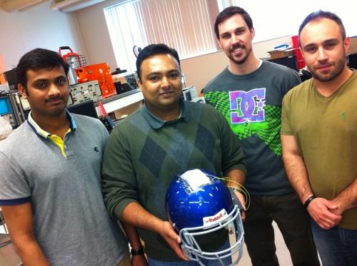 Grad students (from left) Sai Guruva R. Avuthu, Binu Baby Narakathu, Michael James Joyce, and Ali Eshkeiti developed the SafeSense helmut.