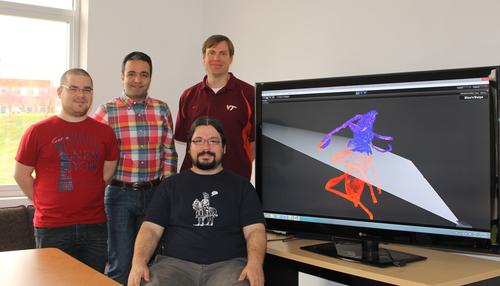 Winning Virginia Tech team members (left to right standing) are Cristian Moral Martos of Madrid, Spain; Mahdi Nabiyouni of Tehran, Iran; Doug Bowman, faculty adviser and professor of computer science at Virginia Tech. Seated is Felipe Bacim of Porto Alegre, Brazil.
(Source: Virginia Tech)