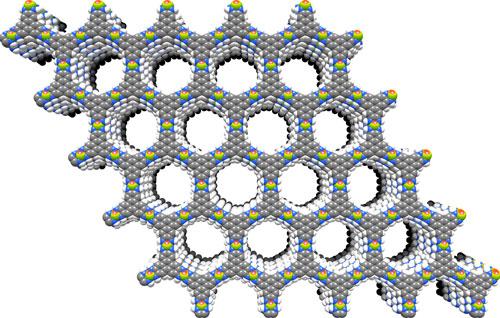 The molecular structure of the graphene-analog material naturally forms a hexagonal lattice structure so that the openings in the hexagons are all perfectly aligned. (Source: MIT)