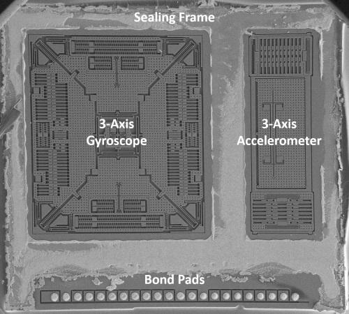 The accelero/gyro sensor in the STMicroelectronics LSM9DS0 nine-axis IMU. (Source: System Plus Consulting report from December 2013)
