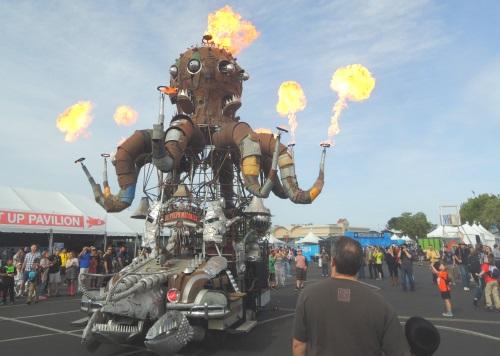 This robotic, steampunk-inspired fire truck is one many icons just inside the entrance to Maker Faire Bay Area.