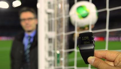 The ref's watch vibrates when a goal is scored.
