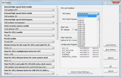 The project settings tab, which allows the user to select the desired microcontroller as well as configure the main clock settings (Click here to see a larger image.)