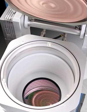 Applied Materials' new Endura Ventura physical vapor deposition (PVD) tool is the industries first to used an inexpensive titanium liner layer to confine the copper to the TSV.
(Source: Applied Materials)