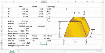 Figure 3: Calculating fusing current, current density, and power dissipation of a small PCB track segment (Click here to see a larger image.)