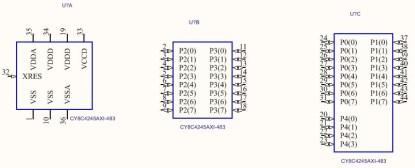 Three individual symbols that comprise a single IC. They can be placed anywhere in the schematic to reduce on-sheet net breaksand intersheet connections.(Click here for a larger image.)