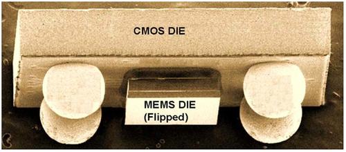 SiTimes temperature controlled MEMS oscillator (TCXO) uses a unique 3-D chip stack with the tiny 125 micron thick MEMS die flipped and mounted between the solder bumps on the bottom of the application specific integrated circuit (ASIC) containing the electronics.
(Source: SiTime)