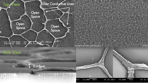 Silver web covers polymer in connected lines about five microns wide and three microns thick.
(Source: Cima NanoTech)