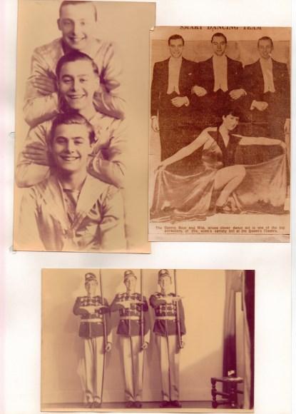 Here's a scan of a page from a scrapbook dad put together. In all of the images my dad is the one in the middle (the 'Dennis Boys' in the caption associated with the upper-right image was another of their stage names) (Click here to see a larger image.)