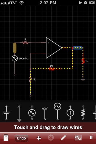 Circuit design and simulation isn't restricted to PCs alone as the mobile device market has seen a rise in the number of apps catered toward engineers on the go over the last few years. EveryCircuit, Circuit Simulator and Electrodroid are some of the more popular free mobile apps available for download,
however for real-time design and simulation on almost any platform, iCircuit is quickly taking the crown. So why is it different from the others mentioned above? Simple, it's always running simulations even through the design process, like playing with the circuit with the power on. The app boasts over 30 elements for circuit design, including resistors, MOSFETs and digital gates and incorporates a handy multimeter to instantly read currents and voltages anywhere along the circuit. There's even a built-in oscilloscope to track multiple signals and see how those values change over time! The only drawback of using iCircuit is that user's need an updated mobile device with multiple CPU cores, as the app is a resource hog. The free app is available for Apple's iPhone and iPad as well as Android and Windows-based mobile devices.
More information: iCircuit.