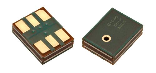 Knowles SPH0642HT5H-1 is an analog top port MEMS microphone with a high signal-to-noise ratio (SNR). Click here for larger image
The Knowles SPH0642HT5H-1 has been optimized for noise cancellation applications. Knowles claims its SPH0642HT5H-1 is the first analog top-port (right) microphone with a SNR of 65dB, which Knowles claims is 2 dB higher than any of its competitors in a package that is 20-percent smaller and consumes 60-percent less power than comparable analog microphones.