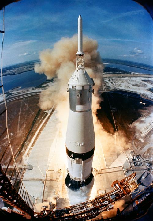 On July 16, 1969, the huge, 363-feet tall Saturn V rocket launches on the Apollo 11 mission from Pad A, Launch Complex 39, Kennedy Space Center, at 9:32 a.m. EDT. Onboard the Apollo 11 spacecraft are astronauts Neil A. Armstrong, commander; Michael Collins, command module pilot; and Edwin E. Aldrin Jr., lunar module pilot. Apollo 11 was the United States' first lunar landing mission. While astronauts Armstrong and Aldrin descended in the Lunar Module 'Eagle' to explore the Sea of Tranquility region of the moon, astronaut Collins remained with the Command and Service Modules 'Columbia' in lunar orbit.
(Source: NASA)