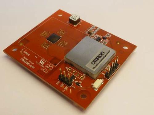 Imec and Omron will show off their prototype energy harvester board at Techno-Frontier 2014. The board weighs 15.4 grams and harvests vibrations on equipment to provide DC power to sensors in the microwatt range. (Source: Imec)