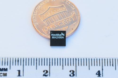 The new Myriad 2 vision processing unit (VPU) measures just 6.5 mm on each edge and is packaged in a 0.4 millimeter pitch 225 ball grid array (BGA) package with 1 Gbit of low-power double data rate (LPDDR II)synchronous random access memory.(Source: Movidius)