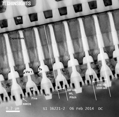 Figure 2: Middle of the array (TEM cross section through the storage node contacts in bitline direction, parallel to the fins), Intel eDRAM die in GT3e GPU. Click here for larger image. (Source: Techinsights)