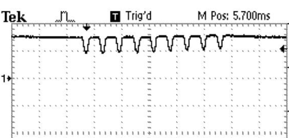 Scope trace from S. Houtchen of RC Groups, who started a similar project for 72MHz receivers but abandoned it when 2.4 GHz became so prevalent. It's just too bad RC submarines cannot use 2.4 GHz. Dang you, laws of physics.