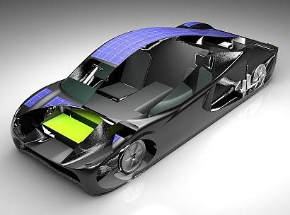 A cutaway image of the Sunswift eVe hybrid solar electric vehicle, which is claimed to offer a range of up to 800 km (~500 miles) on a single charge and a top speed of 140 km/h (87 mph), making it practical for day-to-day use.